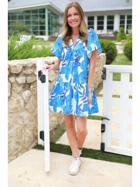Brooke Wright Ophelia Mini Dress White Blue Floral Size Small Tiered Cotton